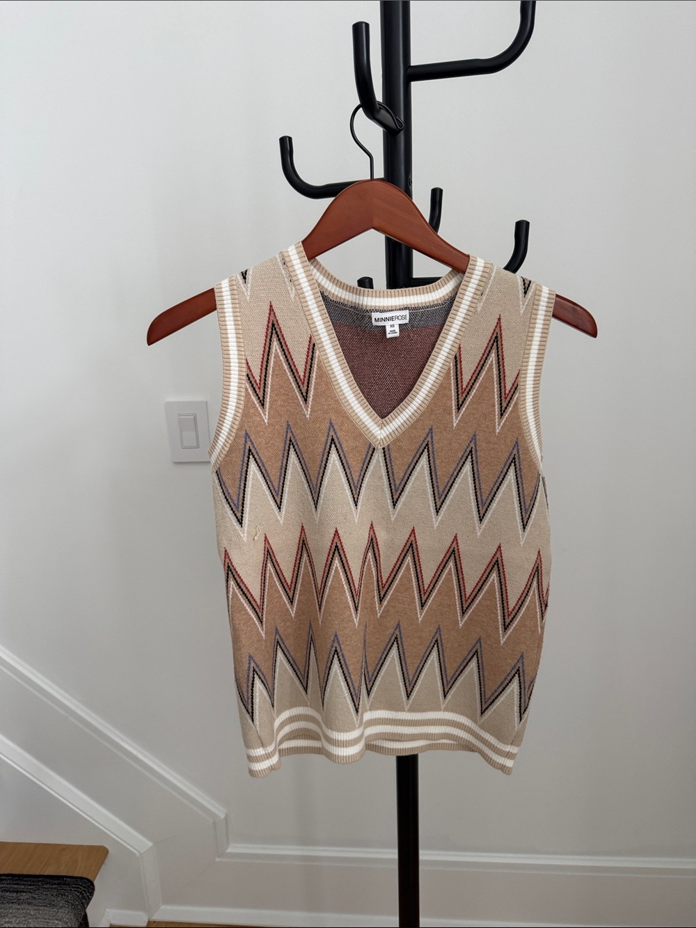 Minnie Rose Beige Chevron VโNeck Knit Vest with Rust and Black Accents
